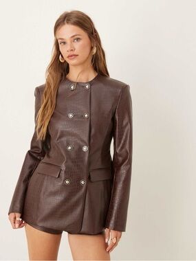 ASOS Dark Brown Faux-Leather Croc Double-Breasted Jacket